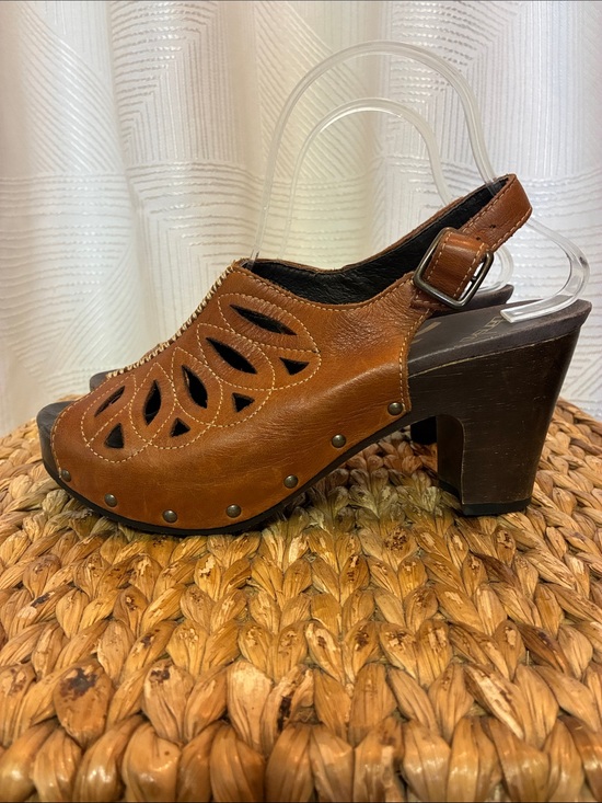 Dansko Shoes - Dansko Cognac Leather Cutout Slingback Clogs with Block Heel